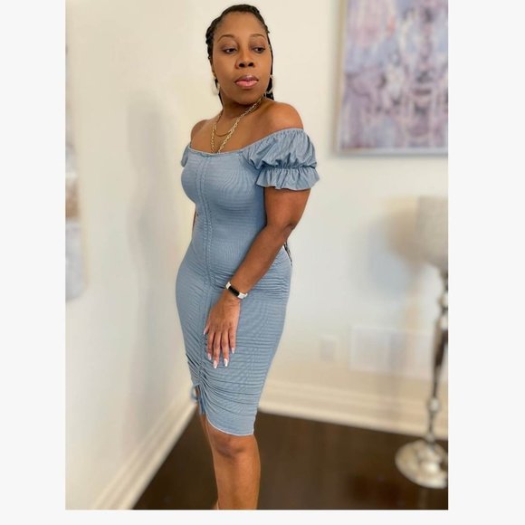 (NWT) Smocked Ruched Dress (Midi or Mini) - Blue - Picture 3 of 9